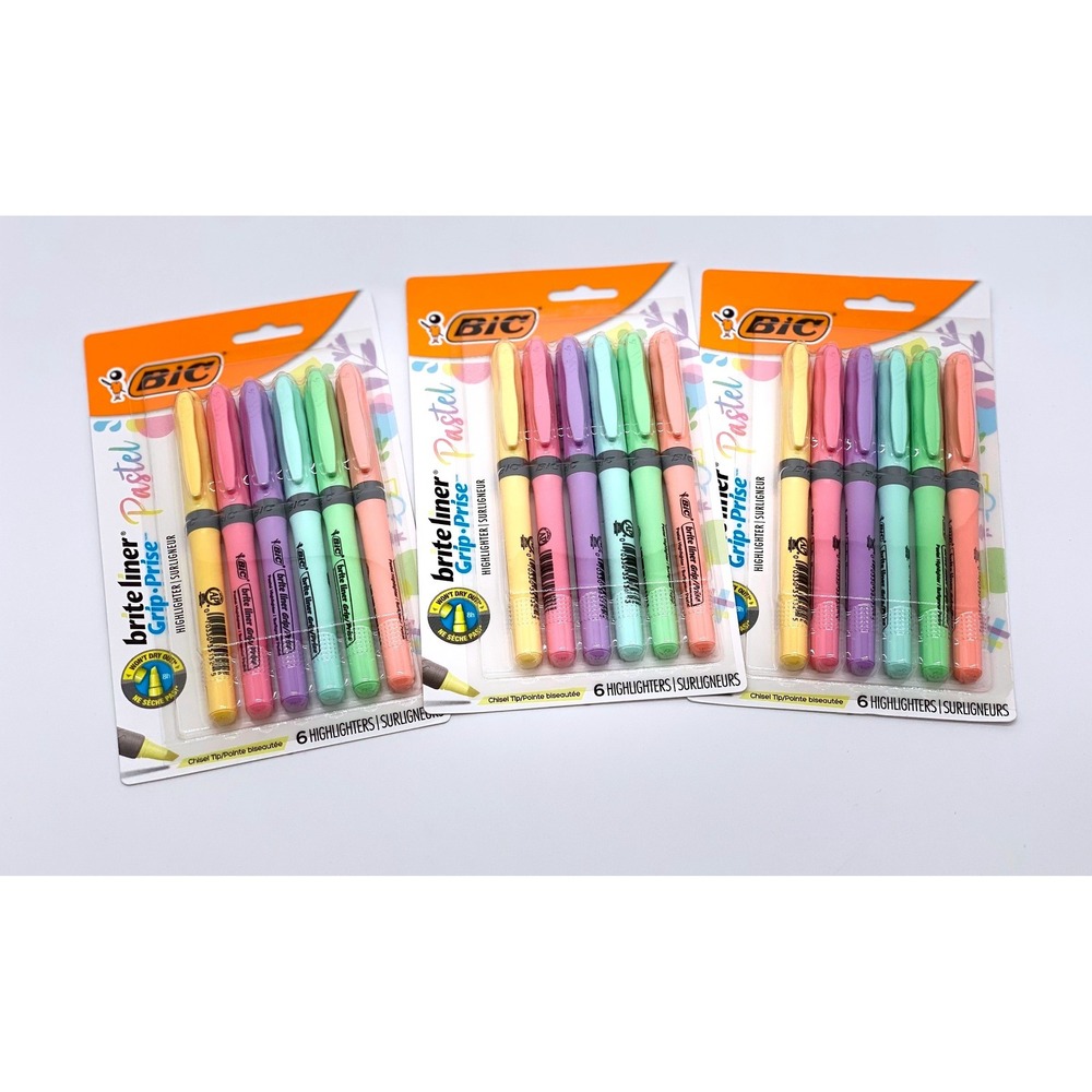 BIC Brite Liner Grip Pastel Highlighters Chisel Tip 6-Count 3-Pack 18 Total